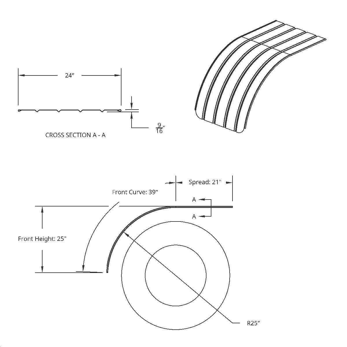 United Pacific 430 Stainless Steel Ribbed 60" Half Fender with 25" Drop