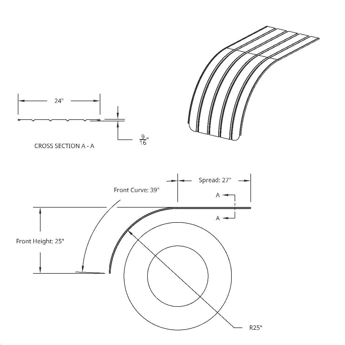 United Pacific 430 Stainless Steel Ribbed 66" Half Fender