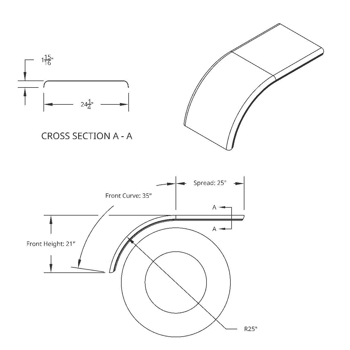 United Pacific 430 Stainless Steel Stamped Edge Smooth 60" Half Fender