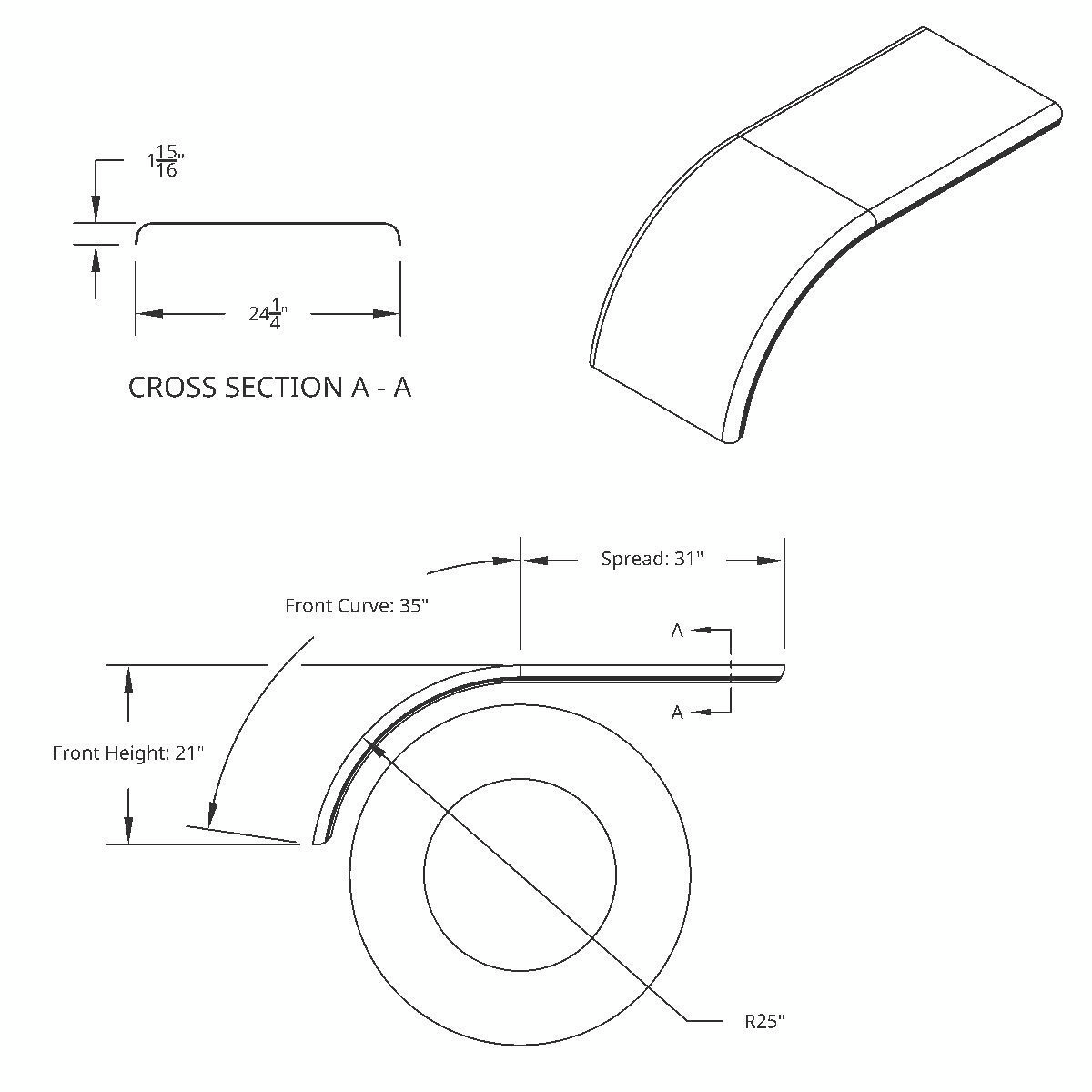 United Pacific 430 Stainless Steel Stamped Edge Smooth 66" Half Fender