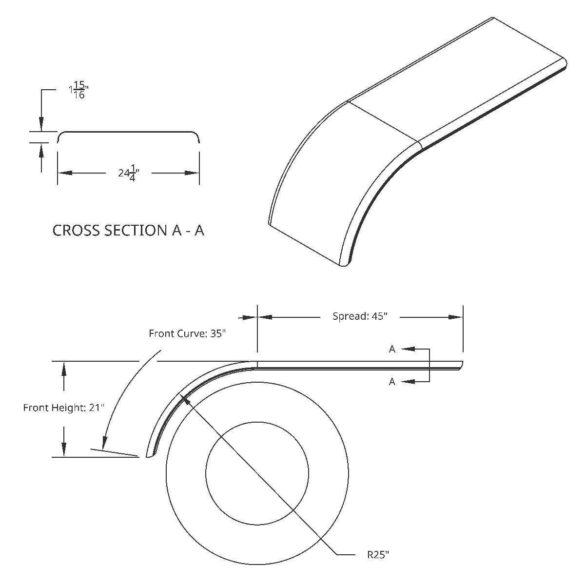 United Pacific 430 Stainless Steel Stamped Edge Smooth 80" Half Fender