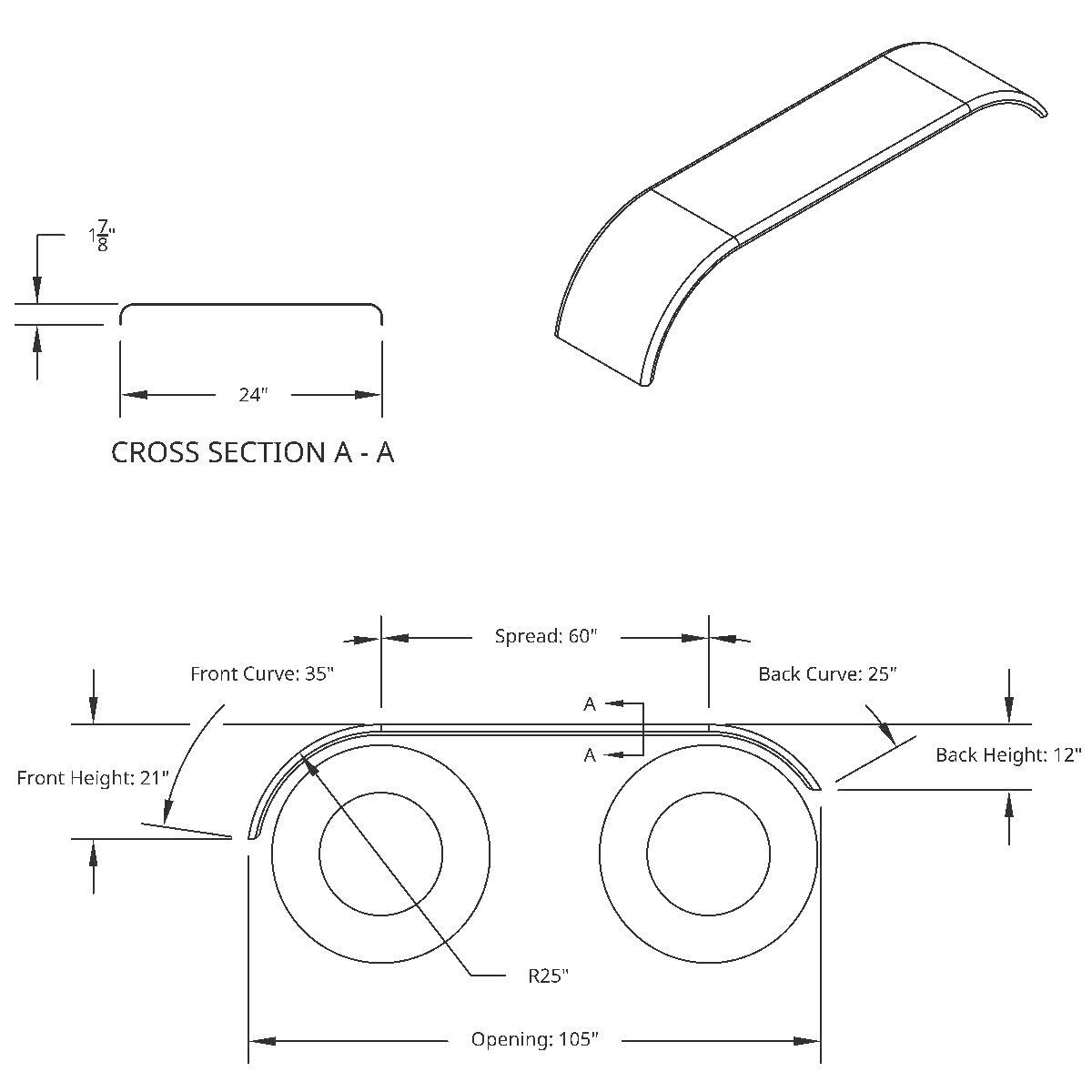 United Pacific 430 Stainless Steel Roll Formed Edge Smooth 120" Full Fender with 60" Fender Spread
