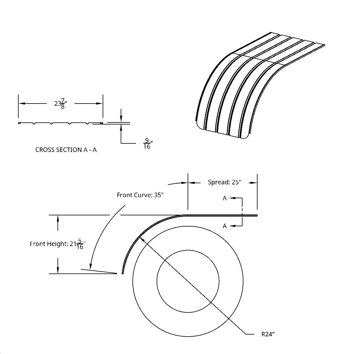 United Pacific 430 Stainless Steel Ribbed 60" Half Fender with 21 5/16" Drop