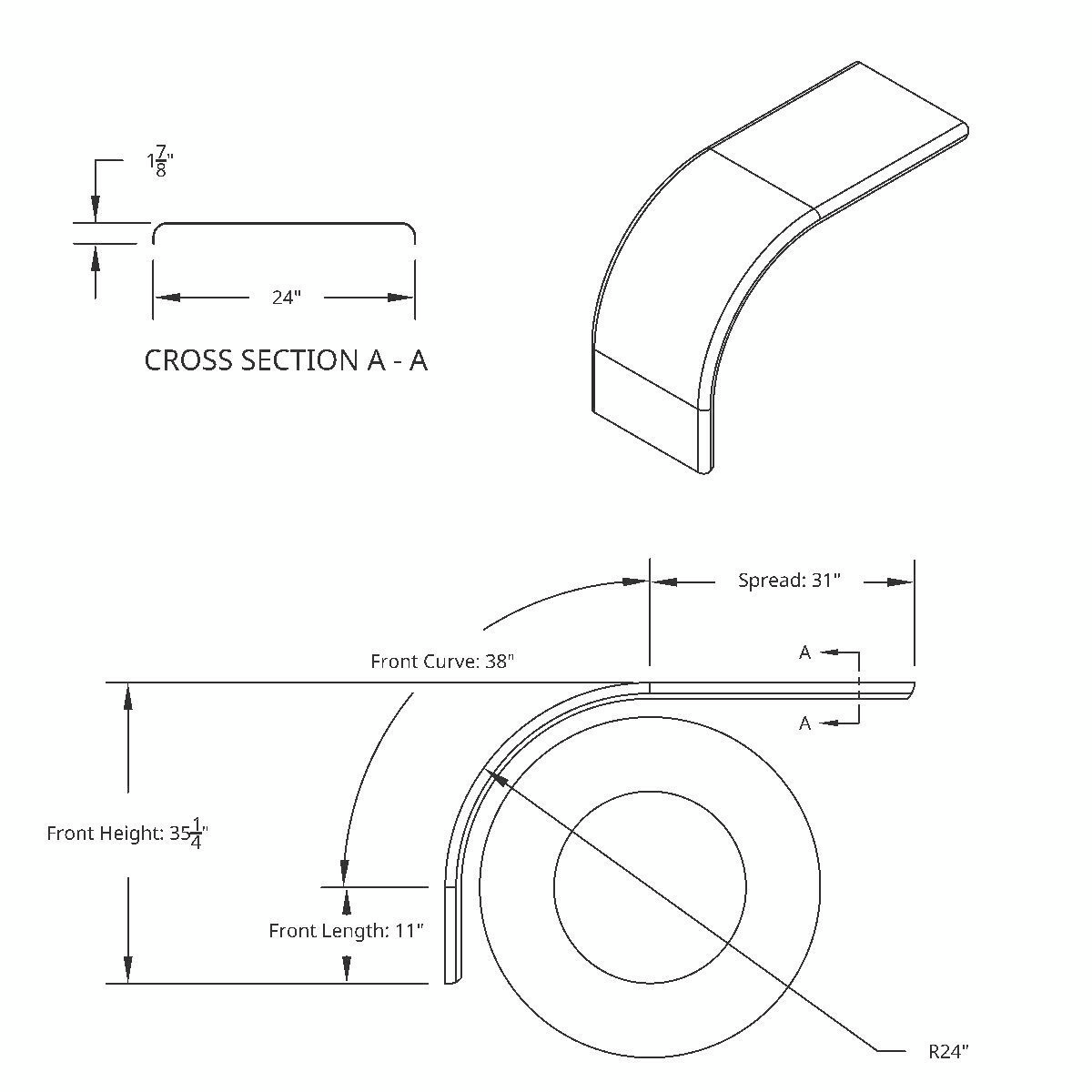 United Pacific 430 Stainless Steel Roll Formed Edge Smooth 80" Long Drop Half Fender