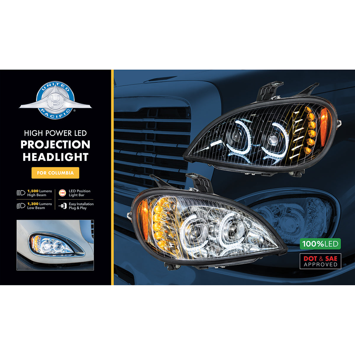 Freightliner Columbia 2001-2020 LED Projection Headlight with 6 LED Turn and 52 LED position light bar