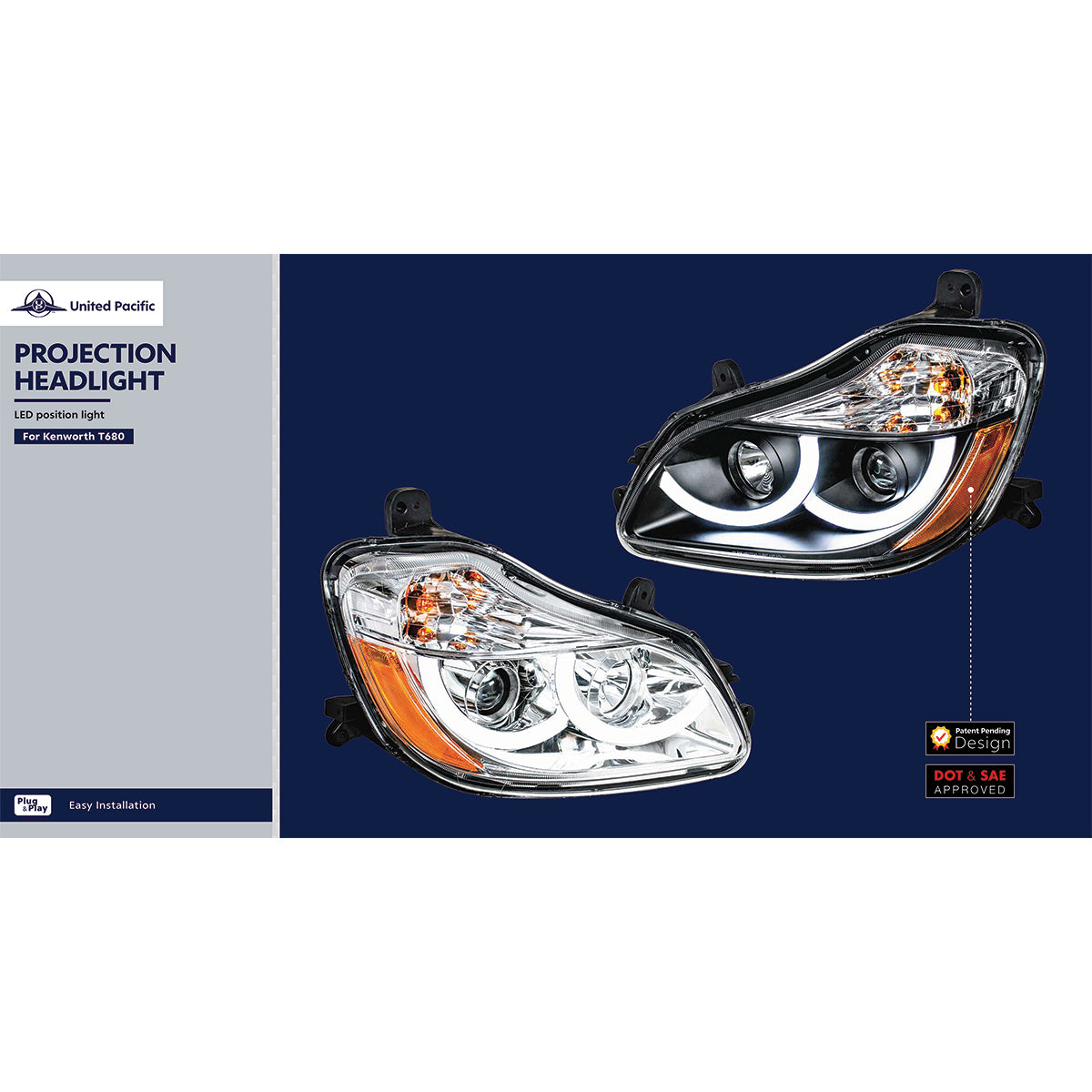 Kenworth T680 Halogen Projection Headlight with Halogen Turn and LED Position Light