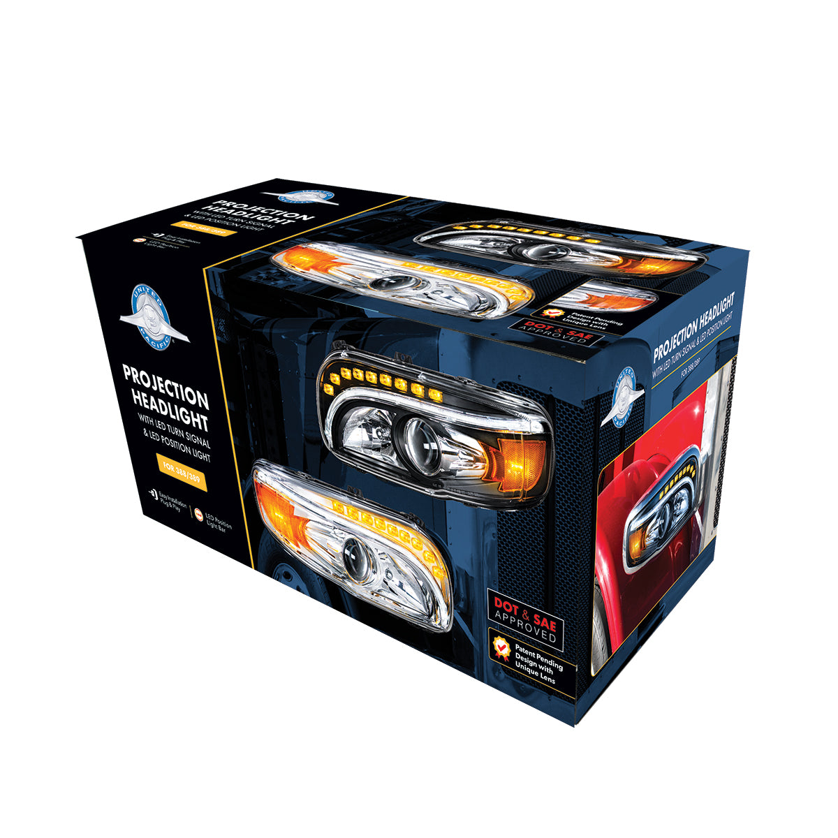 Peterbilt 388, 389, 567 Halogen Projection Headlight with LED Turn and Daytime Running Light