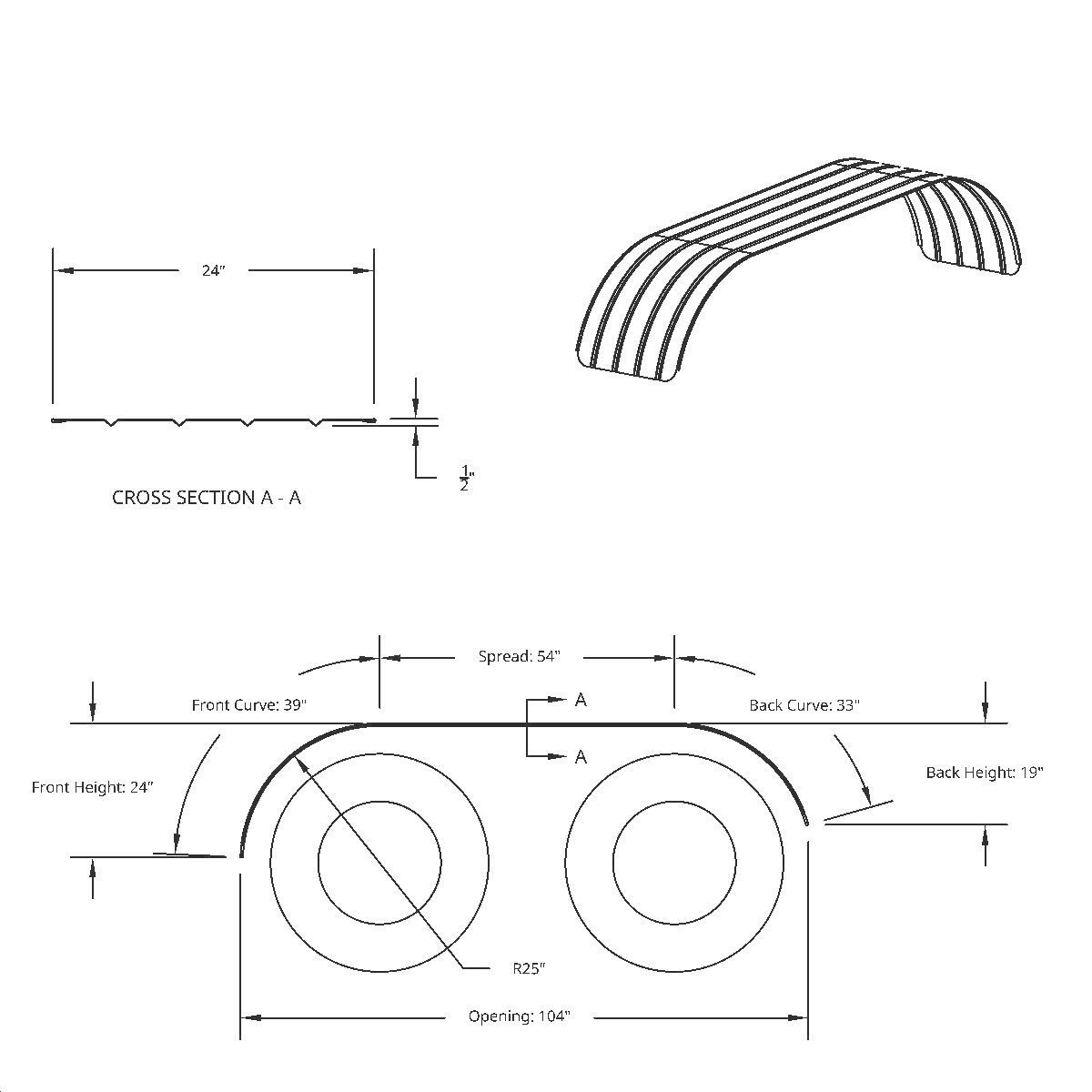 United Pacific 430 Stainless Steel Ribbed 126" Full Fender