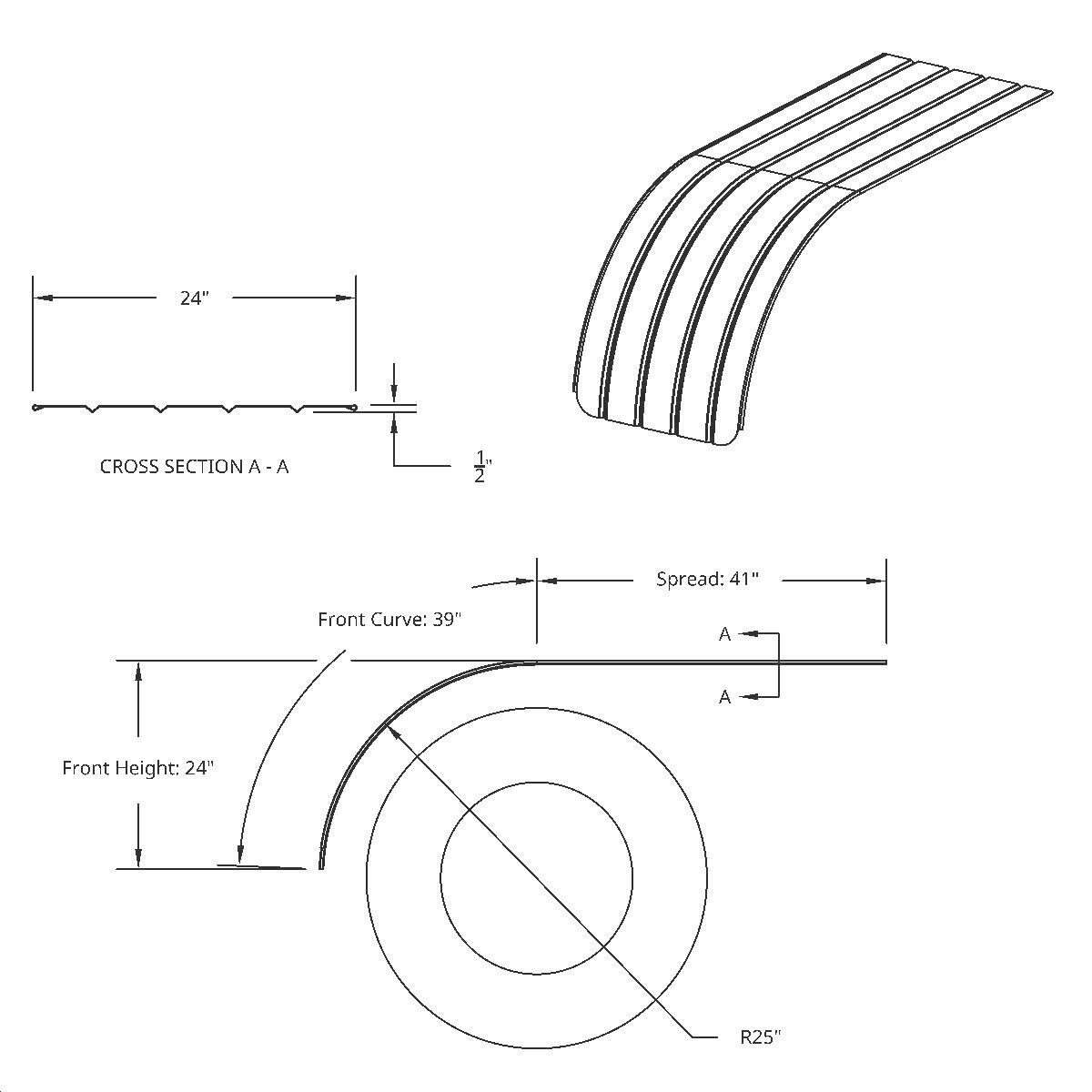 United Pacific 430 Stainless Steel Ribbed 80" Half Fender