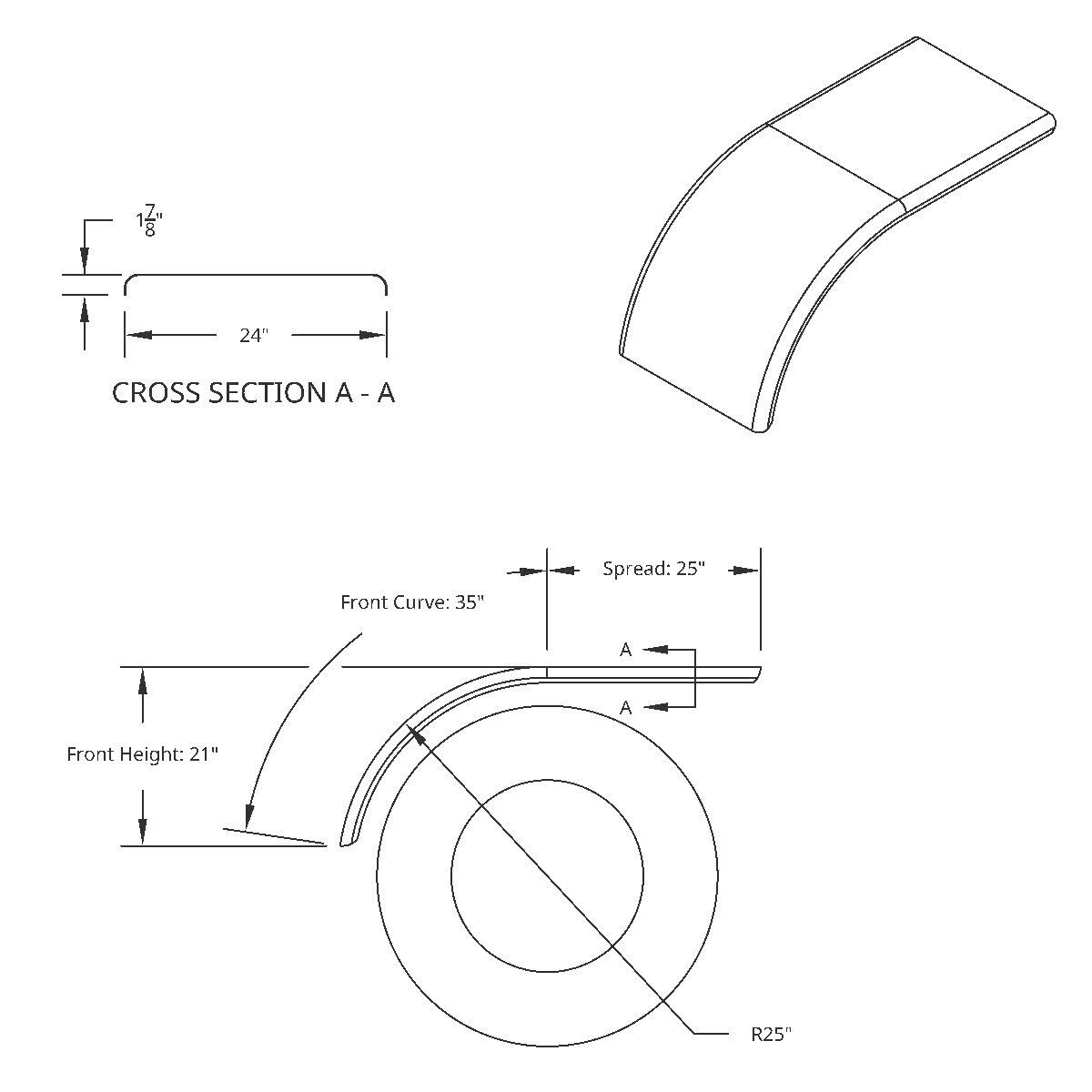 United Pacific 430 Stainless Steel Roll Formed Edge Smooth 60" Half Fender