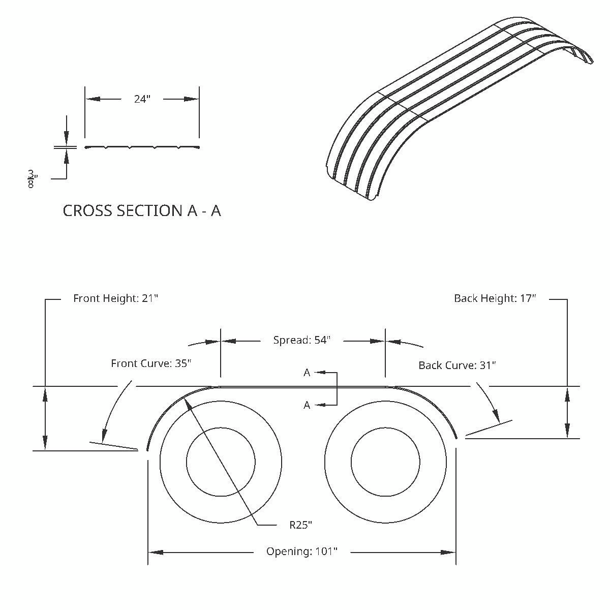 United Pacific 430 Stainless Steel Ribbed 120" Full Fender with 54" Fender Spread