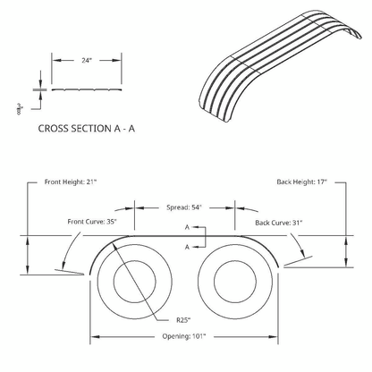 United Pacific 430 Stainless Steel Ribbed 120" Full Fender with 54" Fender Spread