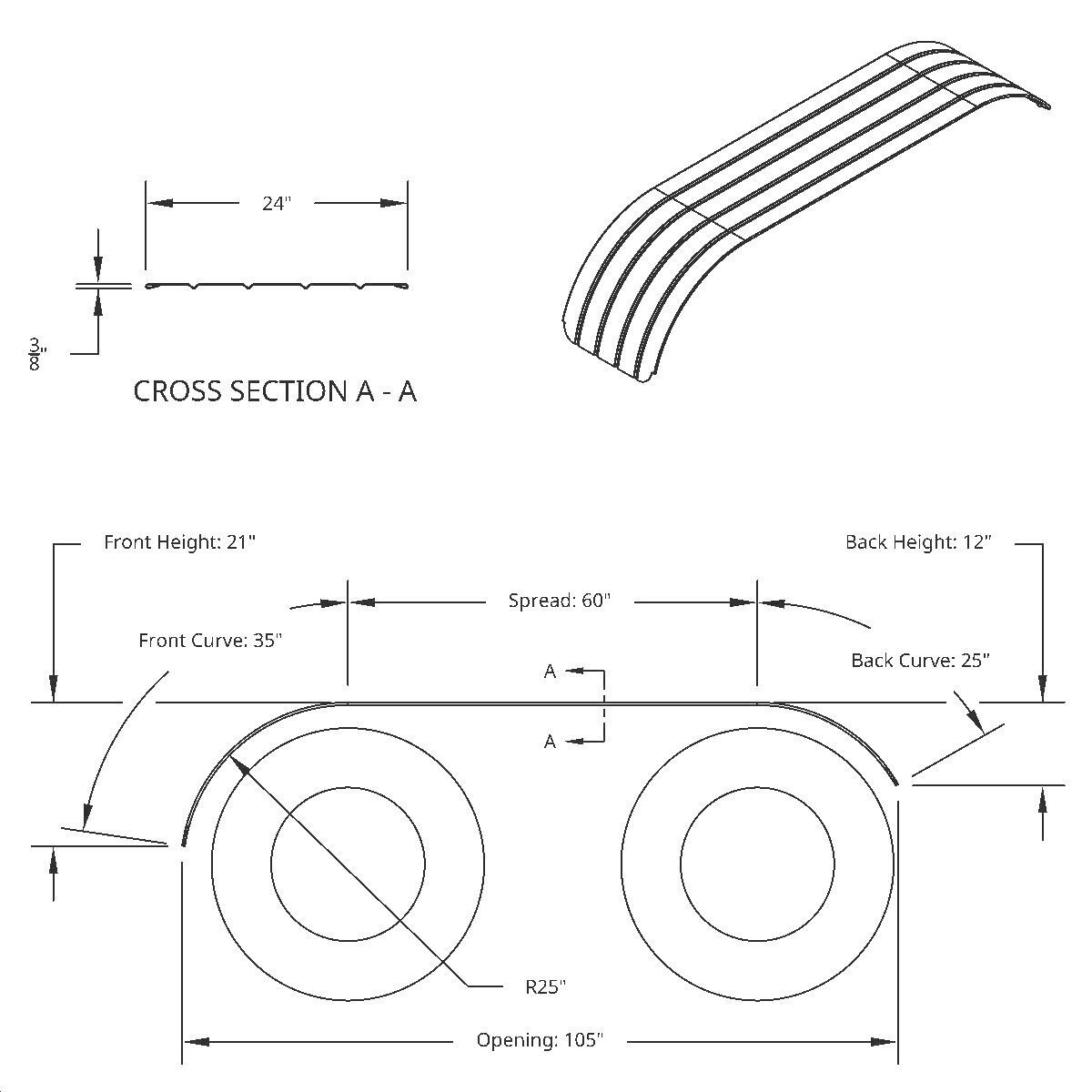 United Pacific 430 Stainless Steel Ribbed 120" Full Fender with 60" Fender Spread