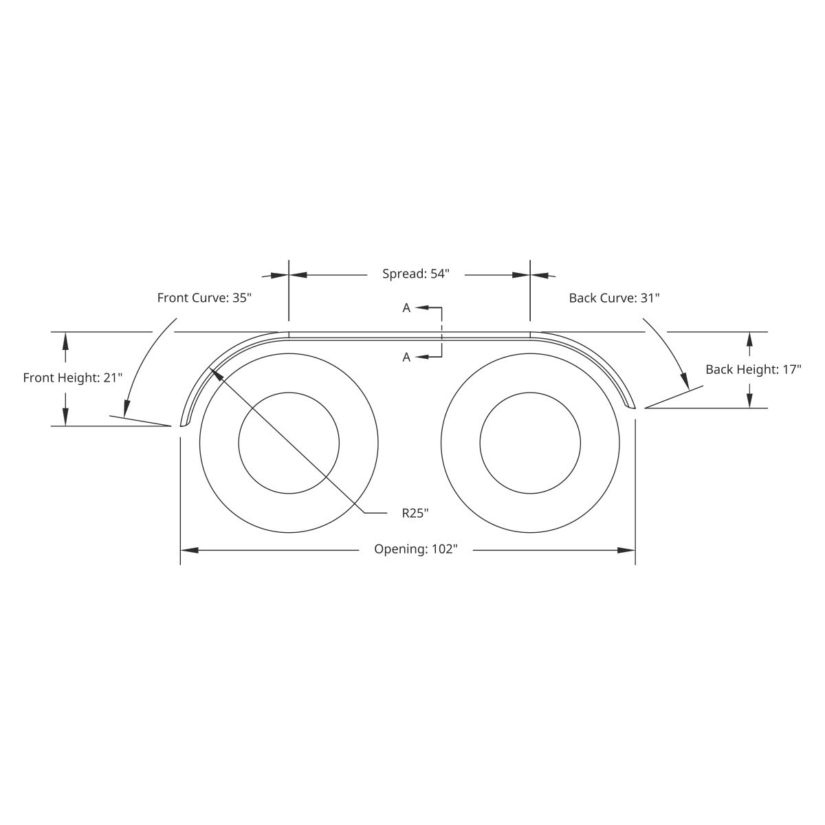 United Pacific 430 Stainless Steel Roll Formed Edge Smooth 120" Full Fender with 54" Fender Spread