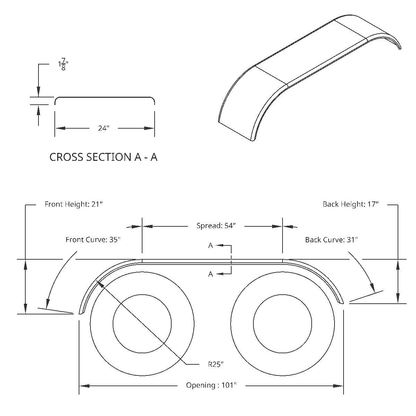 United Pacific 430 Stainless Steel Roll Formed Edge Smooth 120" Full Fender with 54" Fender Spread