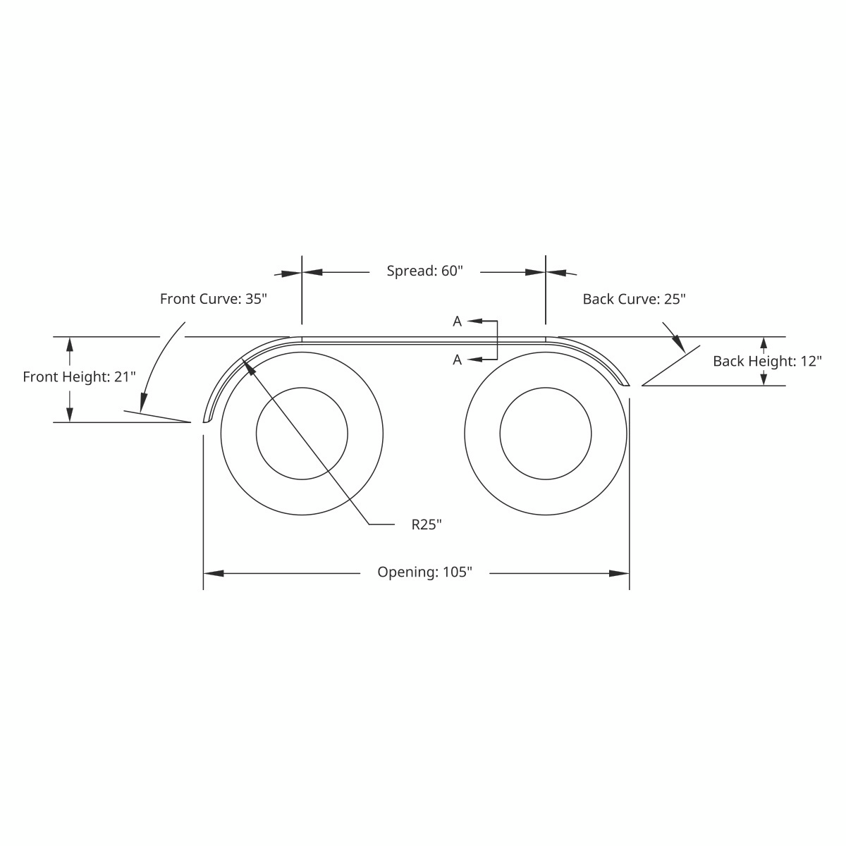 United Pacific 430 Stainless Steel Roll Formed Edge Smooth 120" Full Fender with 60" Fender Spread
