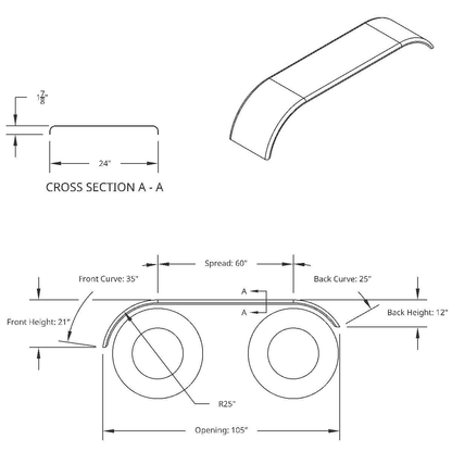 United Pacific 430 Stainless Steel Roll Formed Edge Smooth 120" Full Fender with 60" Fender Spread
