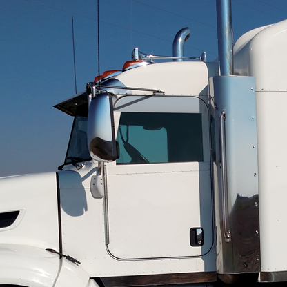 Pair of Peterbilt 357, 378, 379, 386, 388, 389 Cab Mounted Mirror Trucks Stainless Steel 5" Chop Top Window Trim