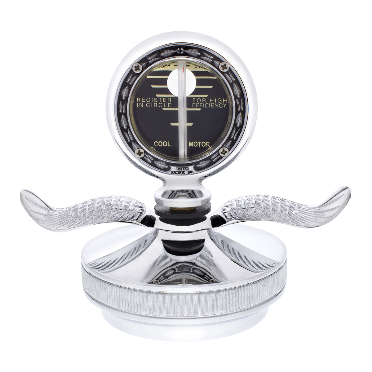 Chrome Aluminum Boyce MotoMeter with Base and Chrome Wings Hood Ornament