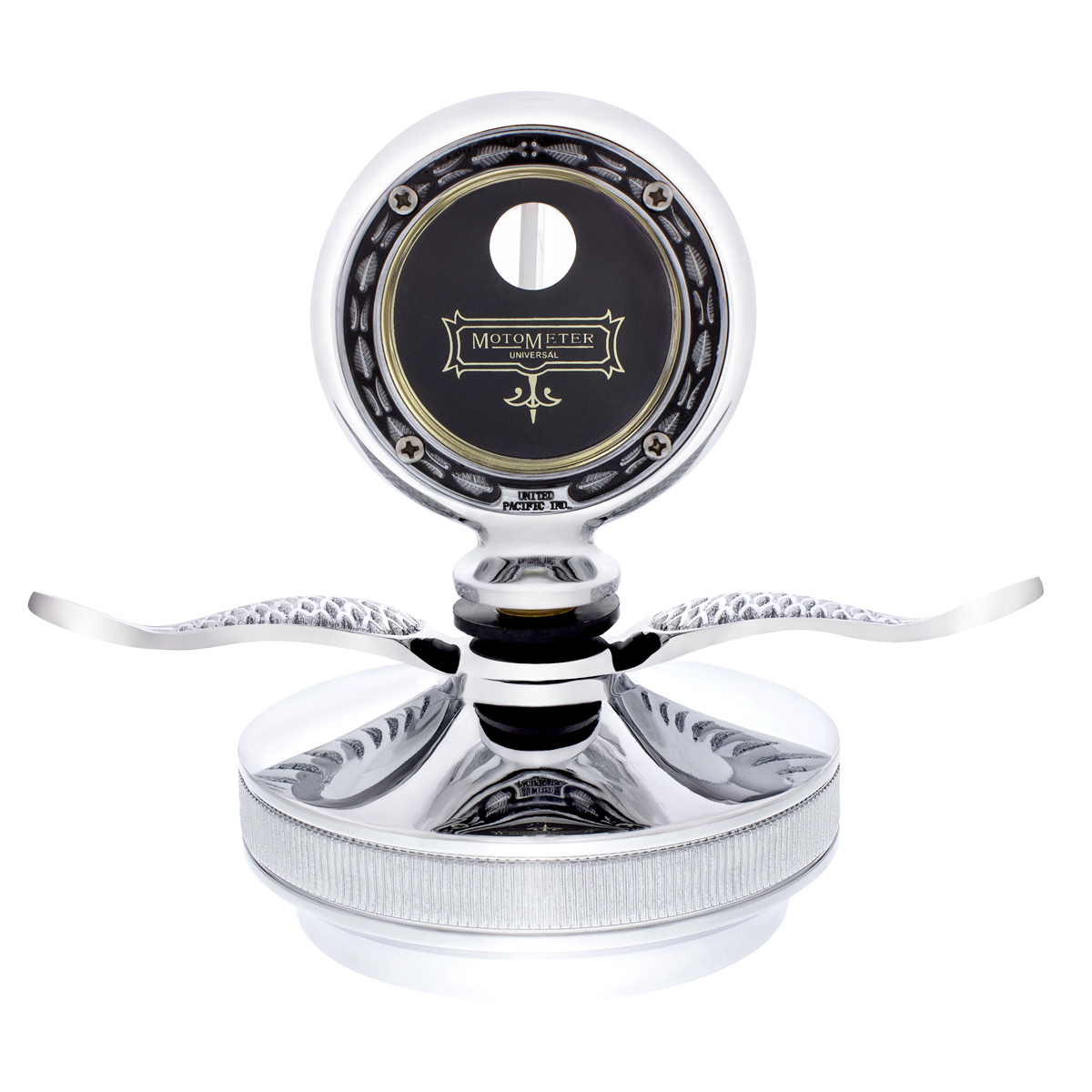 Chrome Aluminum Boyce MotoMeter with Base and Chrome Wings Hood Ornament
