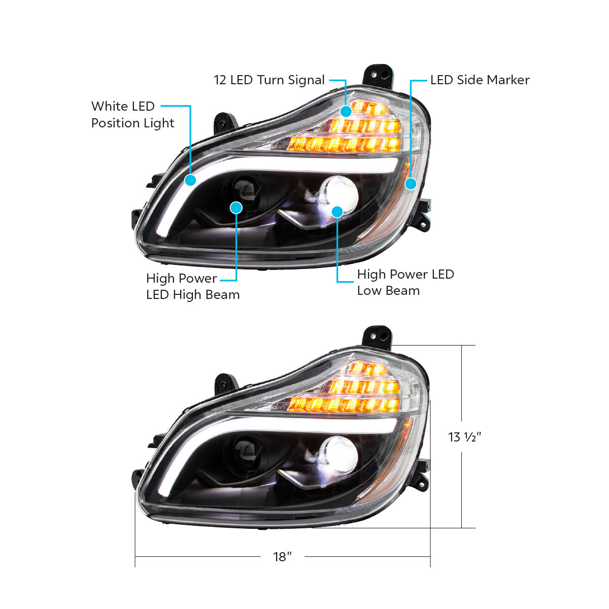 Kenworth T680 8 LED Projection Headlight with 12 LED Turn and Full LED Light Bar