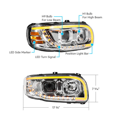 Peterbilt 388, 389, 567 Halogen Projection Headlight with LED Turn and LED Light Bar