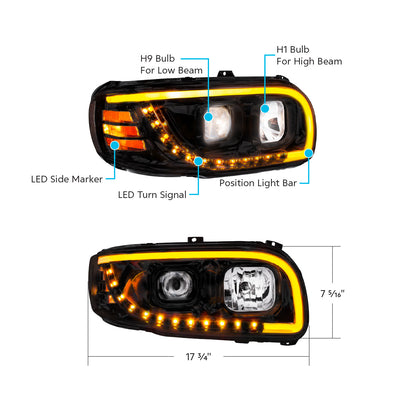 Peterbilt 388, 389, 567 Halogen Projection Headlight with LED Turn and LED Light Bar