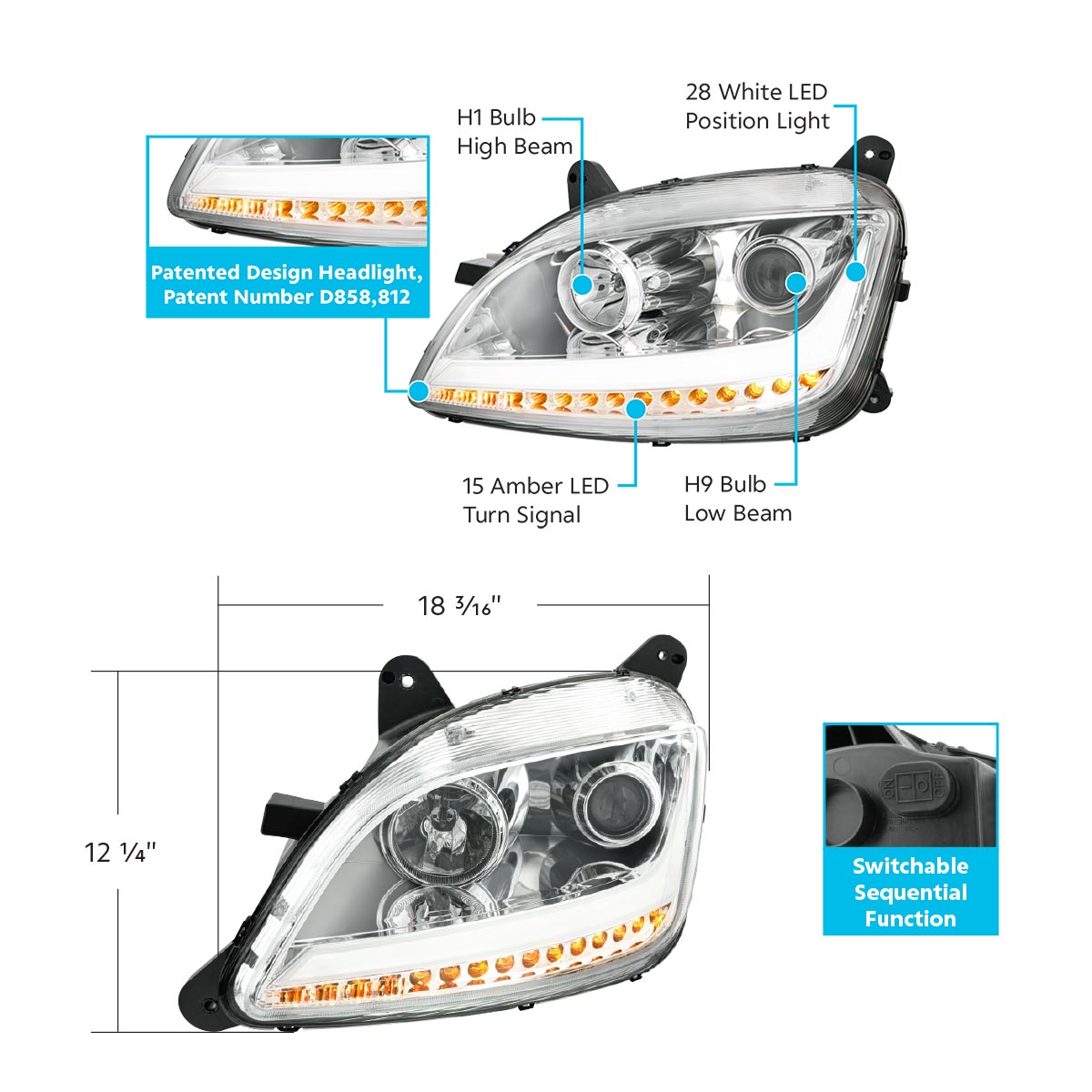 Peterbilt 579 and 587 Halogen Projection Headlight with 15 LED Sequential Turn Signal and 28 LED Position Light