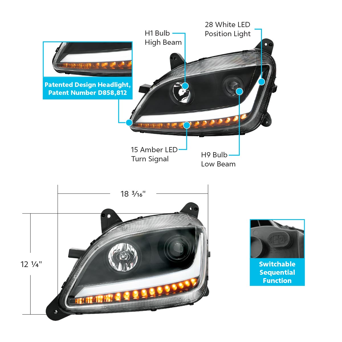 Peterbilt 579 and 587 Halogen Projection Headlight with 15 LED Sequential Turn Signal and 28 LED Position Light