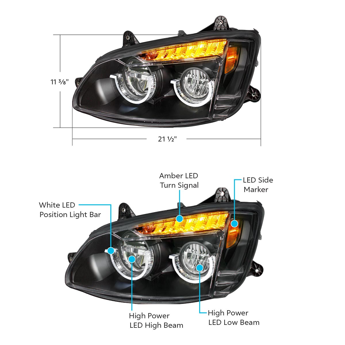 Kenworth T440, T470, T660 LED Headlight with 27 LED Turn and 33 LED Position Light