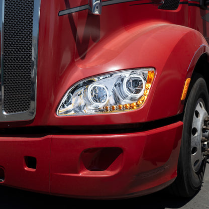 Peterbilt 579 and 587 10 LED Headlight with 9 LED Sequential Turn Signal and 100 Halo Position Lights
