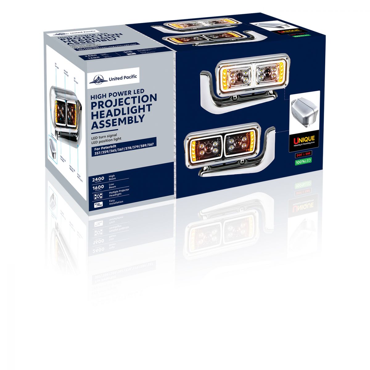 Peterbilt 10 LED Projection Headlight with 8 LED Turn and 100 LED Position Light Bar with Mounting Arm