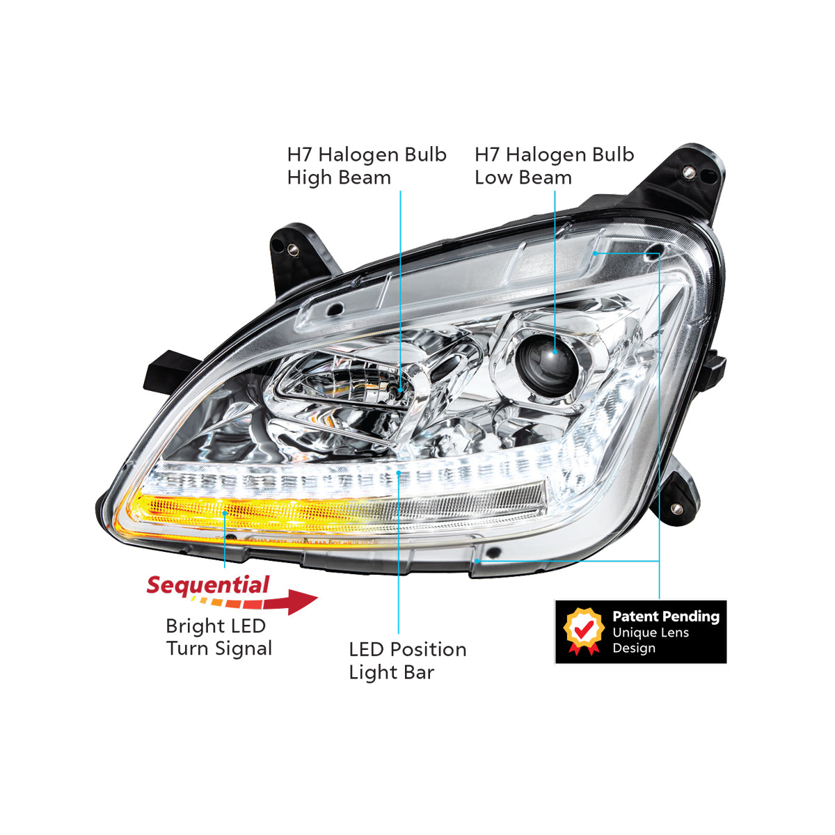 Peterbilt 579 and 587 Halogen Projection Headlight with LED Sequential Turn Signal and LED Position Light