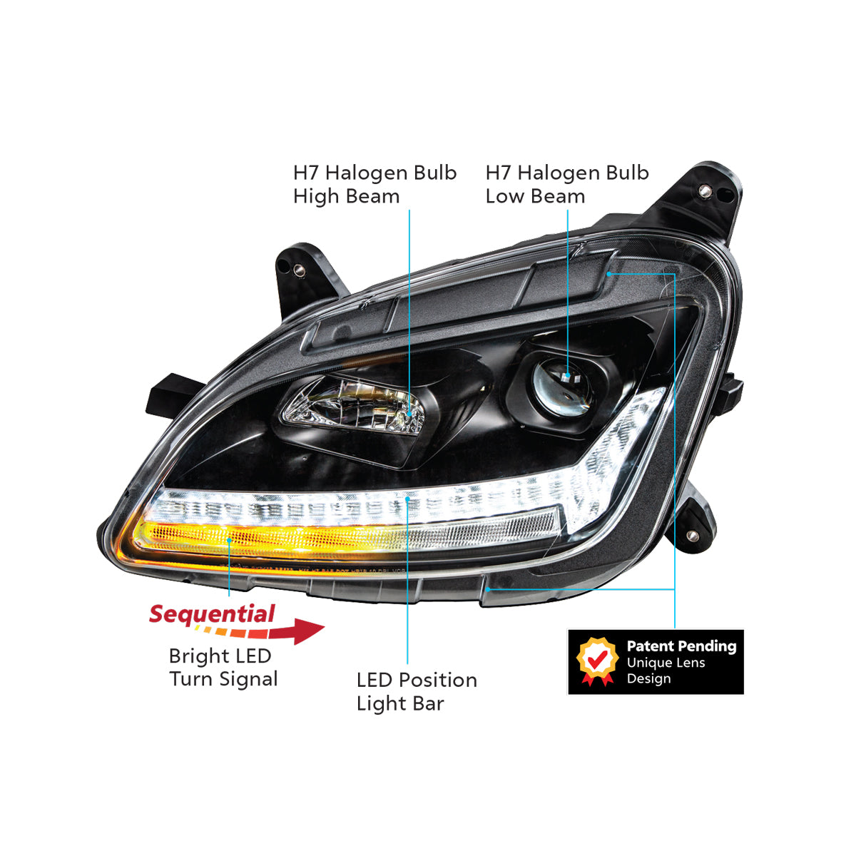Peterbilt 579 and 587 Halogen Projection Headlight with LED Sequential Turn Signal and LED Position Light