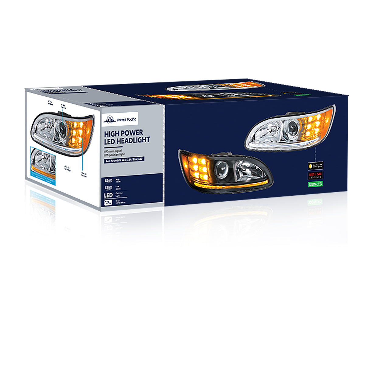 Peterbilt 330, 335, 337, 340, 348, 382, 384, 386, 387 Halogen Projection Headlight with 6 LED Turn and Dual LED Light Bar