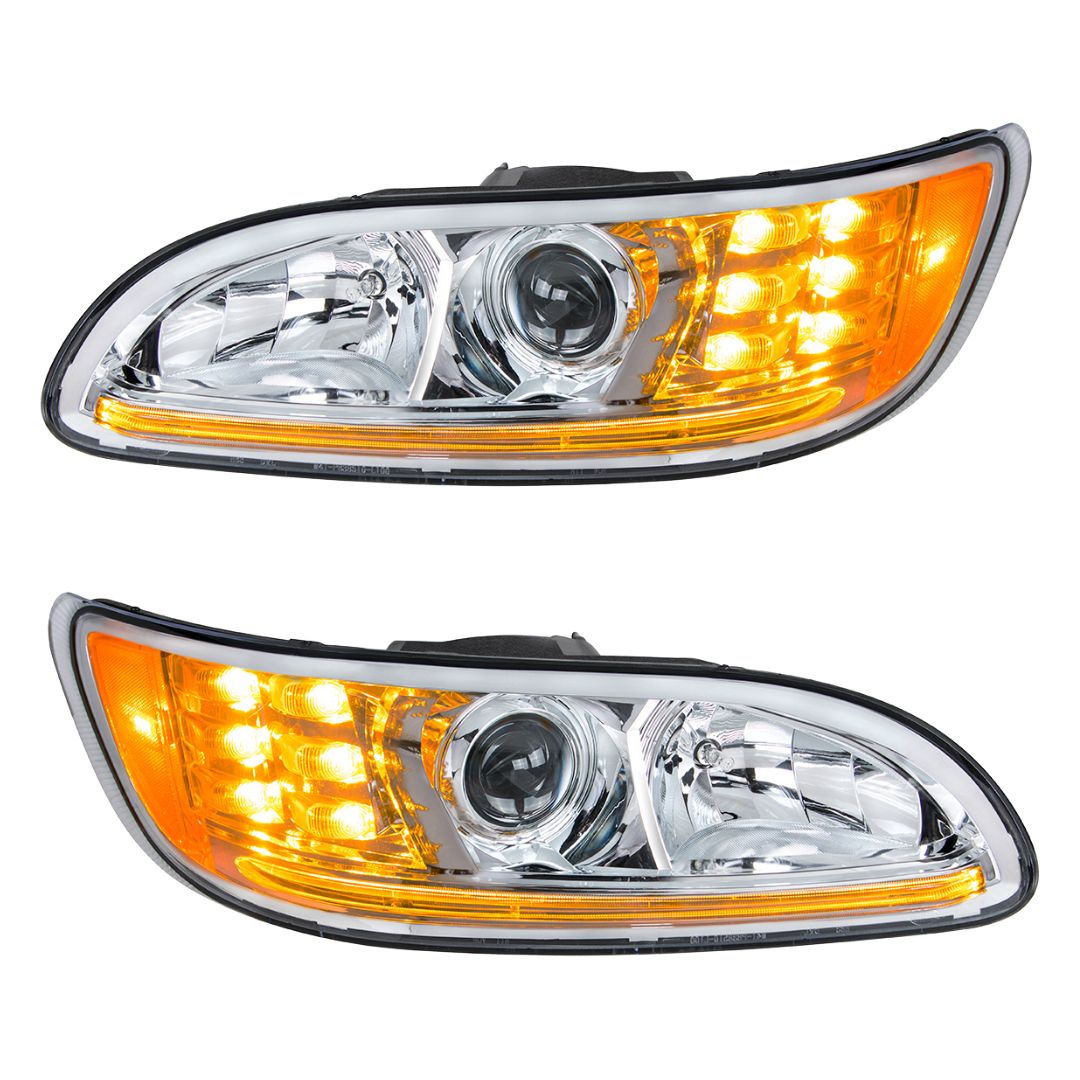 Peterbilt 330, 335, 337, 340, 348, 382, 384, 386, 387 Halogen Projection Headlight with 6 LED Turn and Dual LED Light Bar