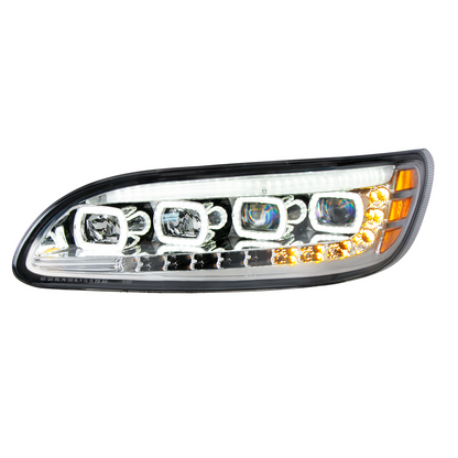Peterbilt 330, 335, 337, 340, 348, 382, 384, 386, 387 Quad LED Headlight with 12 LED Sequential Turn and 128 LED Daytime Running Lights