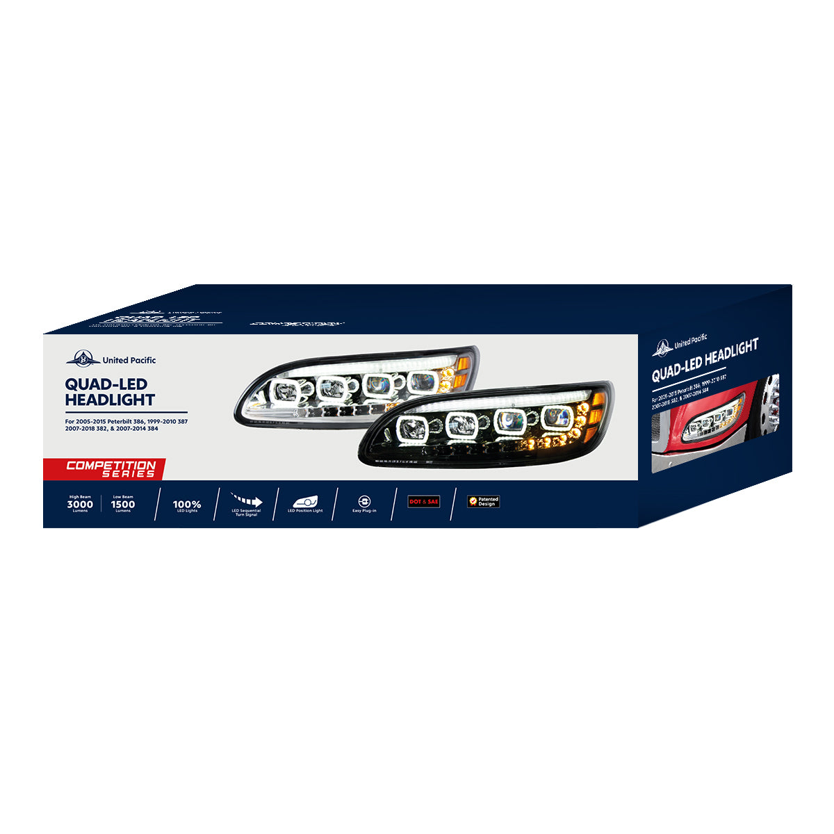 Peterbilt 330, 335, 337, 340, 348, 382, 384, 386, 387 Quad LED Headlight with 12 LED Sequential Turn and 128 LED Daytime Running Lights