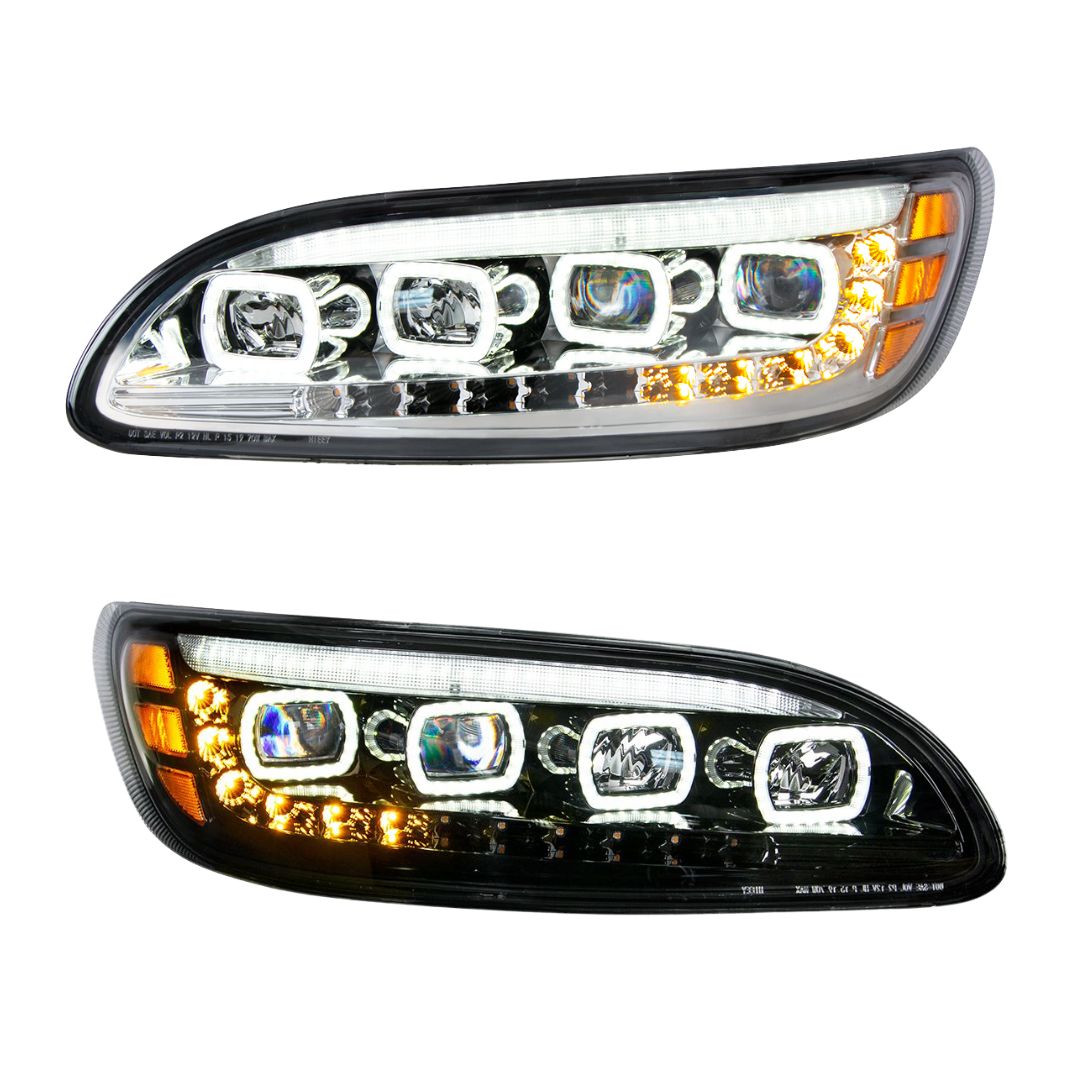 Peterbilt 330, 335, 337, 340, 348, 382, 384, 386, 387 Quad LED Headlight with 12 LED Sequential Turn and 128 LED Daytime Running Lights