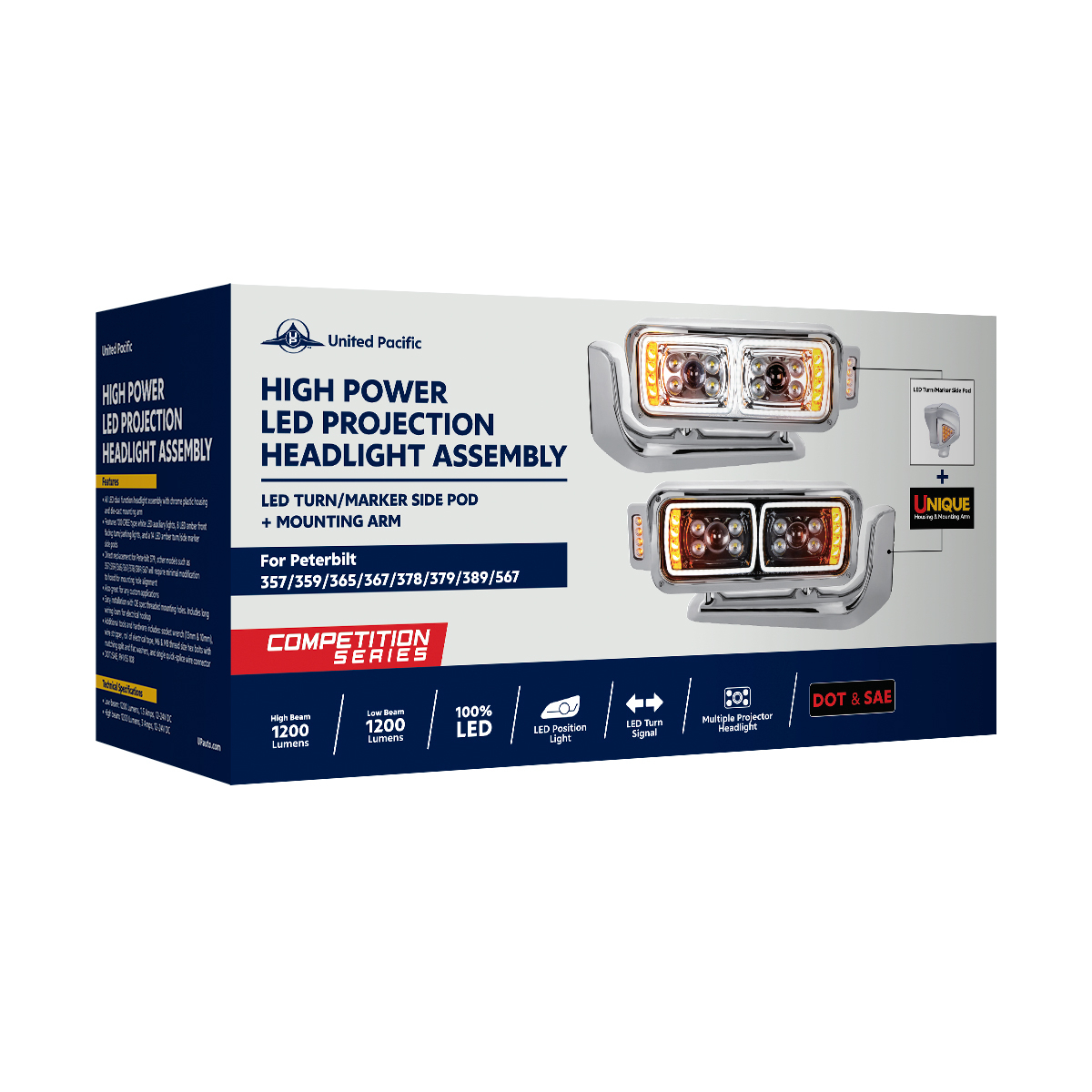 Peterbilt 10 LED Projection Headlight with 8 LED Turn, 100 LED Position Light Bar and 14 LED Side Marker Pod with Mounting Arm