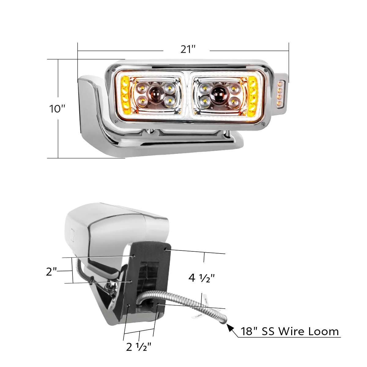 Peterbilt 10 LED Projection Headlight with 8 LED Turn, 100 LED Position Light Bar and 14 LED Side Marker Pod with Mounting Arm