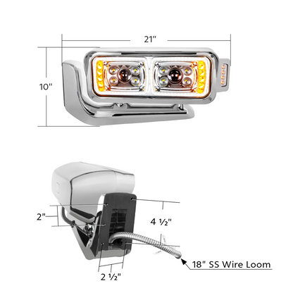 Peterbilt 10 LED Projection Headlight with 8 LED Turn, 100 LED Position Light Bar and 14 LED Side Marker Pod with Mounting Arm