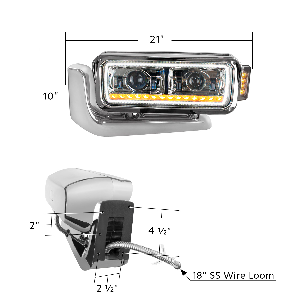 Peterbilt 6 LED Projection Headlight with 14 LED Turn, 98 LED Position Light Bar and 14 LED Side Marker Pod with Mounting Arm