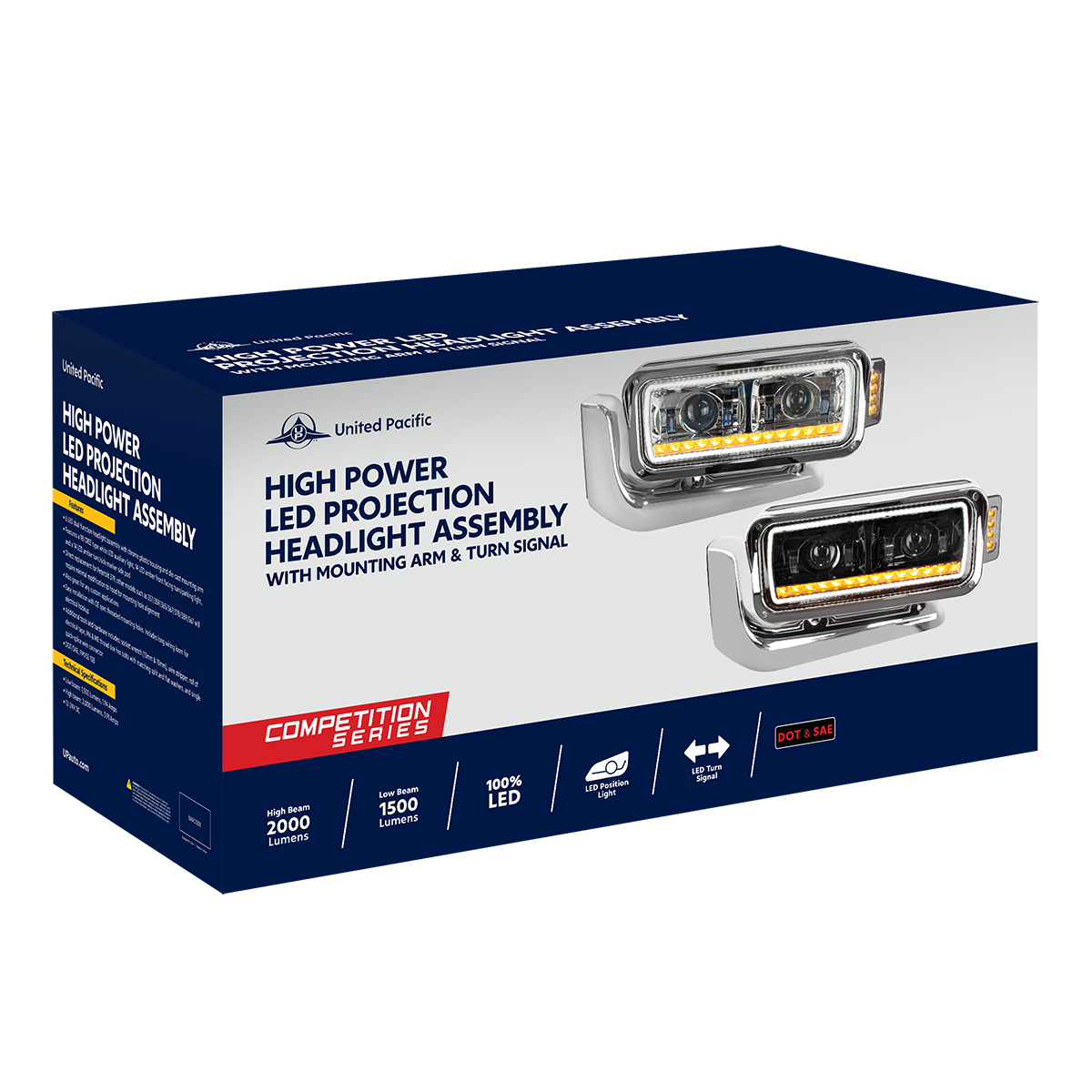 Peterbilt 6 LED Projection Headlight with 14 LED Turn, 98 LED Position Light Bar and 14 LED Side Marker Pod with Mounting Arm