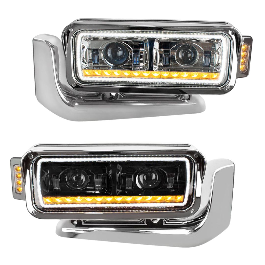 Peterbilt 6 LED Projection Headlight with 14 LED Turn, 98 LED Position Light Bar and 14 LED Side Marker Pod with Mounting Arm