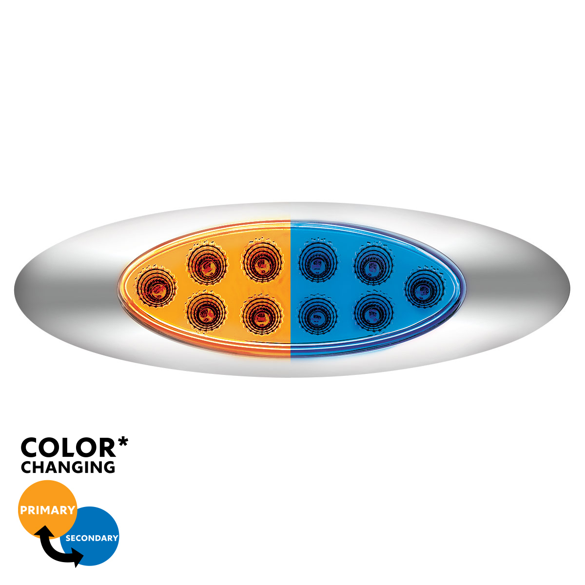 Double Fury Blue Auxiliary to Amber Primary Function 10 LED P1 Style Oval Light with Chrome Bezel