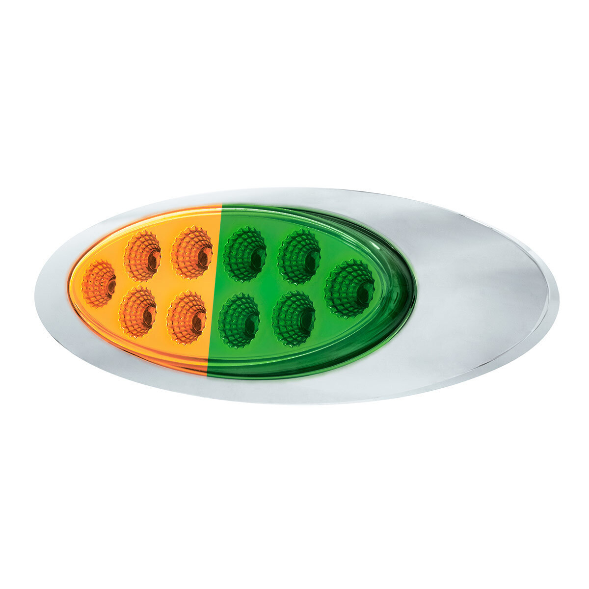 Double Fury Green Auxiliary to Amber Primary Function 10 LED P1 Style Oval Light with Chrome Bezel