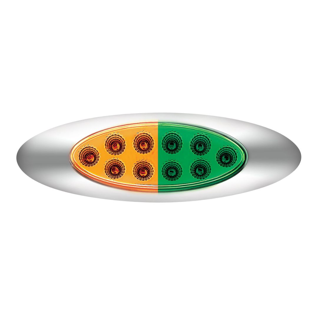 Double Fury Green Auxiliary to Amber Primary Function 10 LED P1 Style Oval Light with Chrome Bezel
