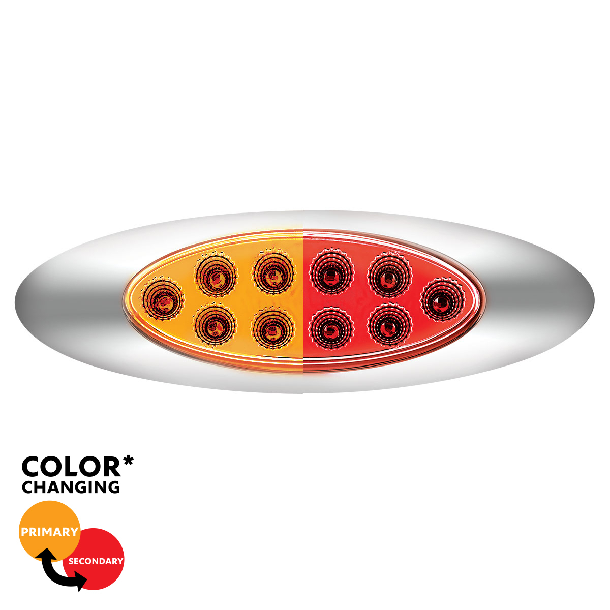 Double Fury Red Auxiliary to Amber Primary Function 10 LED P1 Style Oval Light with Chrome Bezel