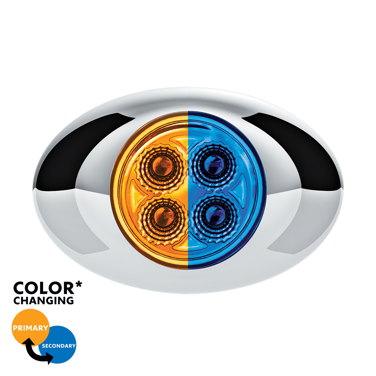 Double Fury Blue Auxiliary to Amber Primary Function 4 LED P3 Style Round Light with Chrome Bezel